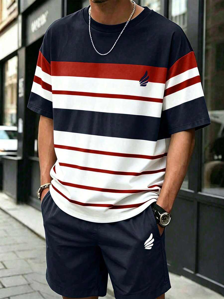SHEIN 2件套青少年男童时尚休闲条纹印花短袖T恤和简约运动跑步短裤,适合多个季节穿着 - 彩色 - 查看 1