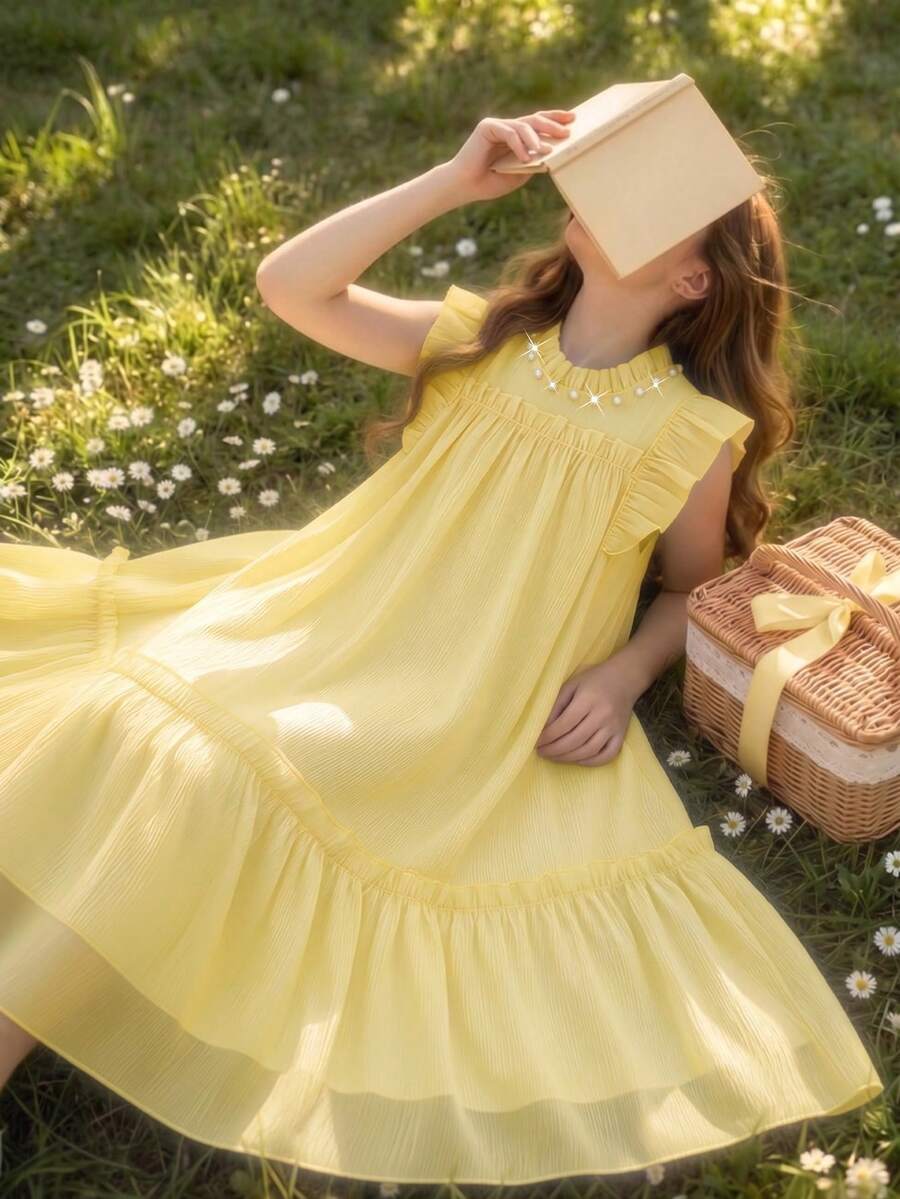 女童夏季新款珍珠装饰蕾丝网纱无袖泡泡公主裙 - 黃色 - 查看 1