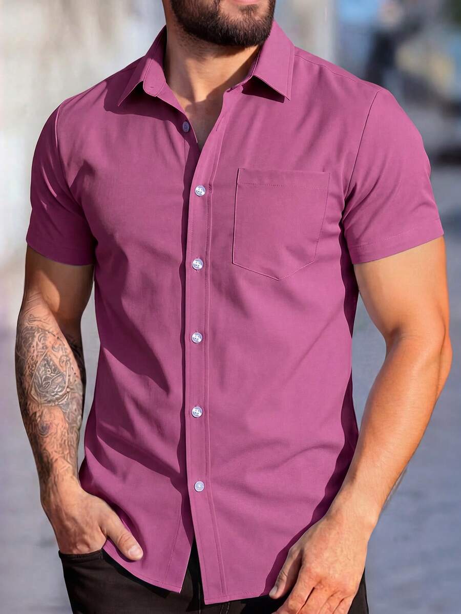 Manfinity Homme Men's Solid Color Single-Breasted Short Sleeve Shirt (Irregular Cut), Formal - Red Violet - View 1