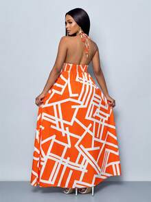 SOLERSUN Women Casual Holiday Deep V Neck Backless Ruched Split Thigh Maxi Dress With Botanical Print - Orange - View 2