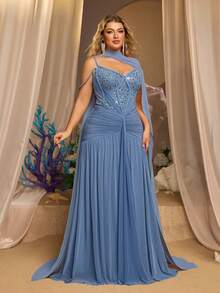 Glamrae Váy cỡ lớn thanh lịch, lãng mạn, thời trang màu xám xanh, chất liệu lưới co giãn, đính sequin, dáng ôm xương cá, cổ yếm xếp tầng, đuôi cá, dài thướt tha, phong cách thời thượng, hợp thời trang cho người nổi tiếng trên mạng, thích hợp cho kỳ nghỉ, du lịch, tiệc sinh nhật, đám cưới, dạ hội trang trọng. - Màu xanh lam - Xem 7