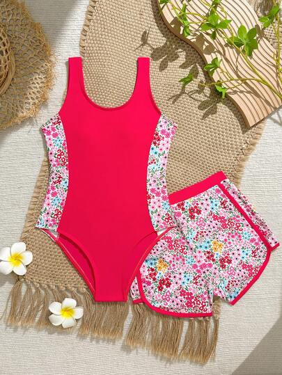 Girls' Coconut Tree Print Patchwork Solid Color One-Piece Swimsuit With Coconut Tree Print Swim Trunks, Suitable For Summer, Surfing, Beach, Vacation, Swimming Pool