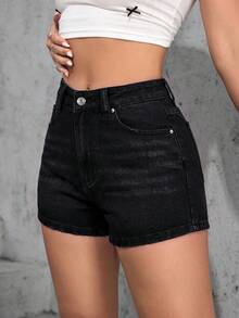 SHEIN PETITE Women's High Waist Pockets Casual Versatile Denim Shorts - Black - View 3