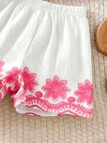 SHEIN 2pcs Unisex Infant Toddler 0-3Y Casual Embroidery & Printed Pattern Shirt, Country Style Spring/Summer Outfit For Baby Girls - Pink - View 6