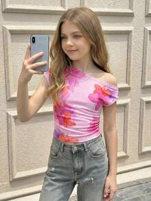 SHEIN Áo thun nữ tuổi teen kiểu lệch vai, in họa tiết tie-dye, cổ bèo nhún, áo kiểu lệch vai, trang phục mùa xuân/hè, đồ đi biển, đi làm, thanh lịch, đi nghỉ mát, bãi biển, phong cách boho, Hawaii, lễ hội âm nhạc, hẹn hò - Hồng - Xem 5