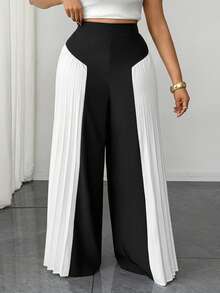 Maweii Plus Size Women's Black & White Contrast Side Pleated High Waist Wide Leg Pants, Spring/Summer Office Commute Casual Trousers,Black Pants,Elegant Dress Women - Black and White - View 1