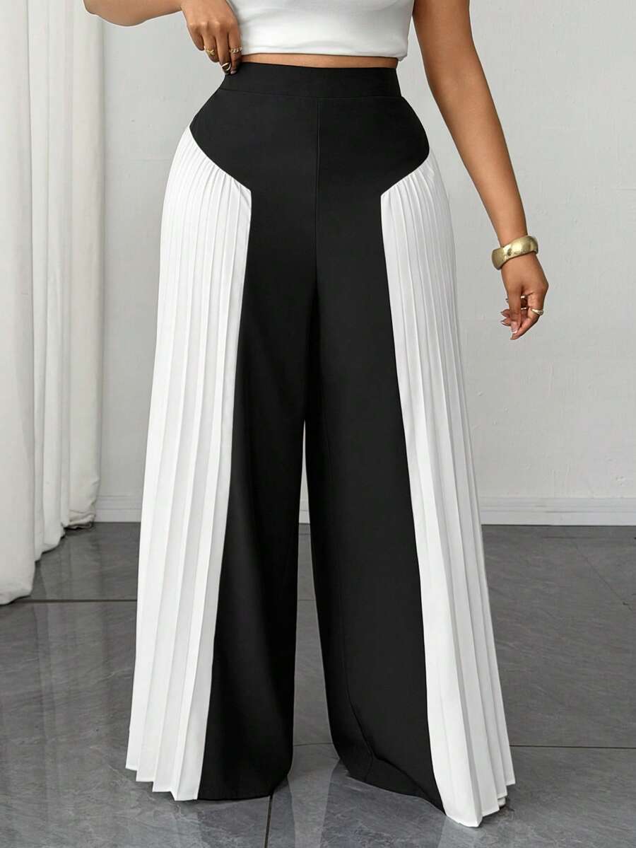 Maweii Plus Size Women's Black & White Contrast Side Pleated High Waist Wide Leg Pants, Spring/Summer Office Commute Casual Trousers,Black Pants,Elegant Dress Women - Black and White - View 1