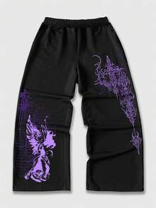 ROMWE MEN Street Life Teen Boy Cross Print Elastic Waist Loose Sweatpants - Black - View 1