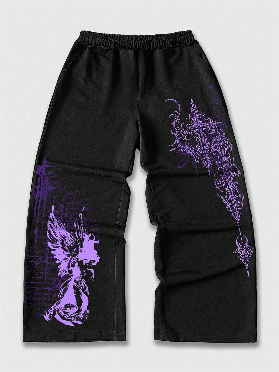 ROMWE MEN Street Life Teen Boy Cross Print Elastic Waist Loose Sweatpants - Black - View 1