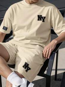 SHEIN 2件套青少年男童休闲Y字印花舒适针织T恤和短裤套装，春夏款 - 杏色 - 查看 1