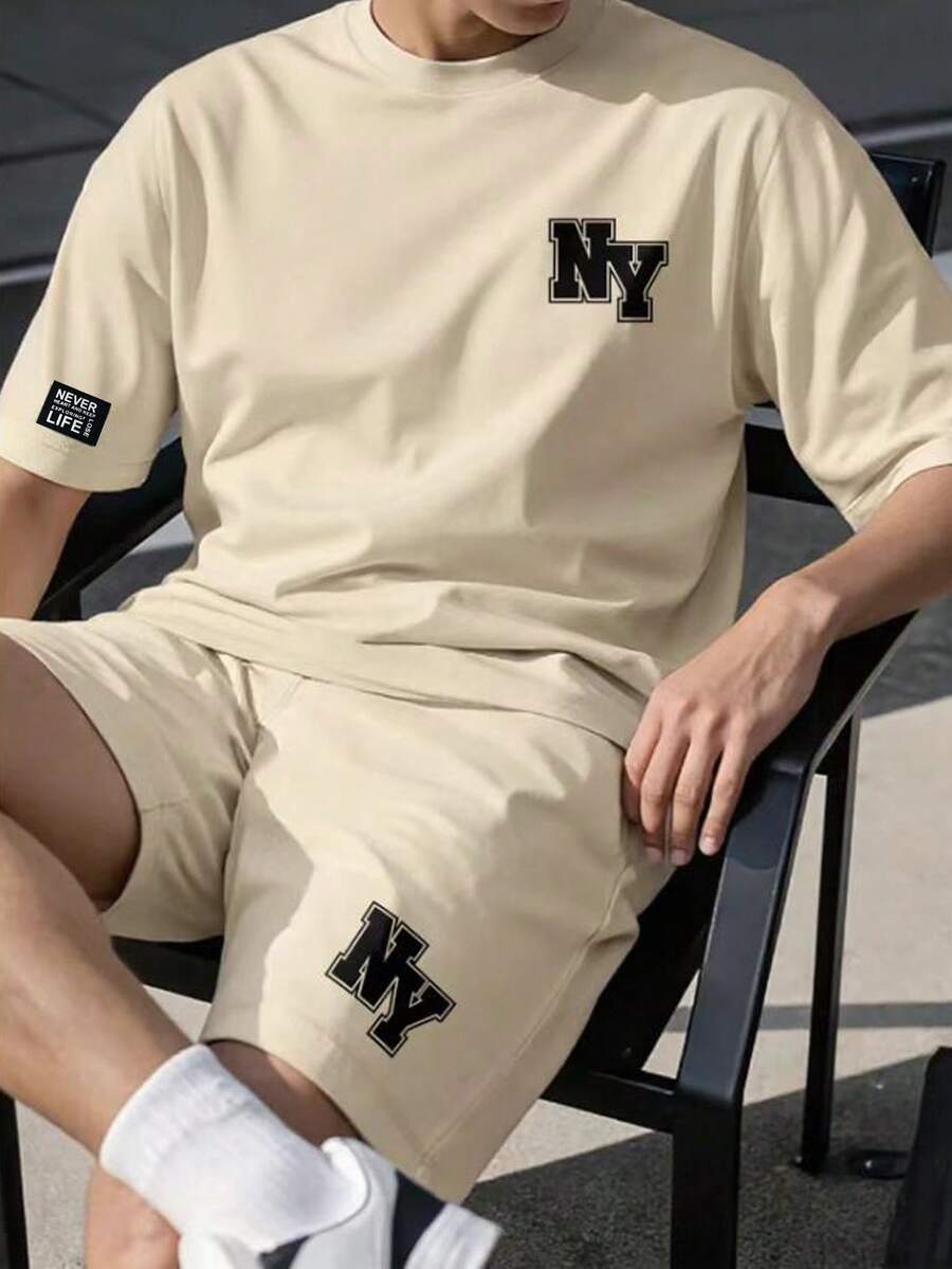 SHEIN 2件套青少年男童休闲Y字印花舒适针织T恤和短裤套装，春夏款 - 杏色 - 查看 1