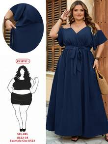 SHEIN CURVE+ Váy cỡ US22 dành cho nữ, thích hợp cho lễ hội âm nhạc, kỳ nghỉ biển, phong cách bohemian, màu trơn, hở vai, xẻ tà cao, có thắt lưng. - Màu xanh hải quân - Xem 1