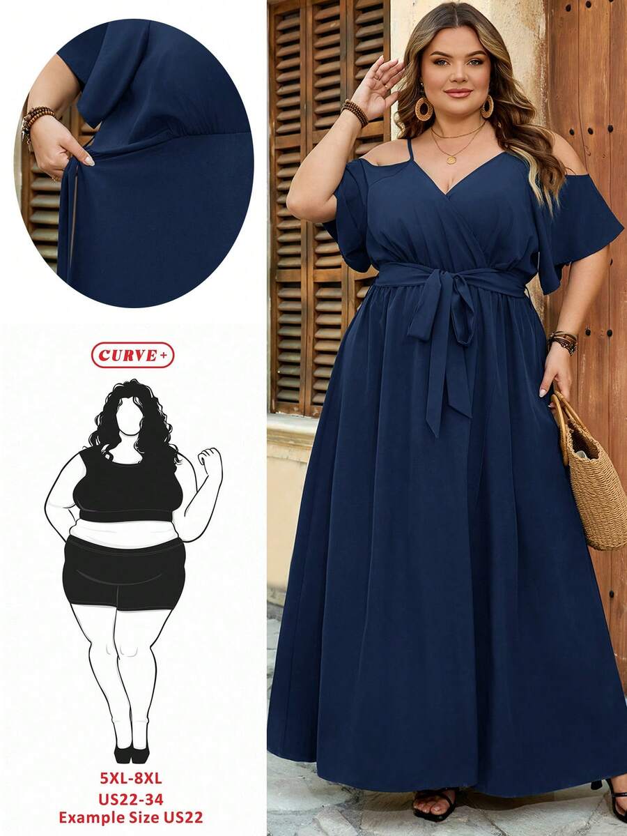 SHEIN CURVE+ Váy cỡ US22 dành cho nữ, thích hợp cho lễ hội âm nhạc, kỳ nghỉ biển, phong cách bohemian, màu trơn, hở vai, xẻ tà cao, có thắt lưng. - Màu xanh hải quân - Xem 1