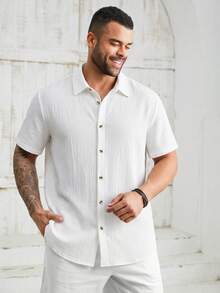 EASEVO Plus Size Men's Solid Color Short Sleeve Single-Breasted Casual Shirt, Vacation, Father's Day Gifts - White - View 4