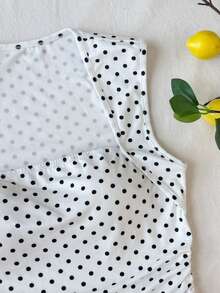 SHEIN 少女休闲优雅白色针织波点印花褶皱胸部甜美可爱插肩袖T恤，返校季穿搭 - 白色 - 查看 8