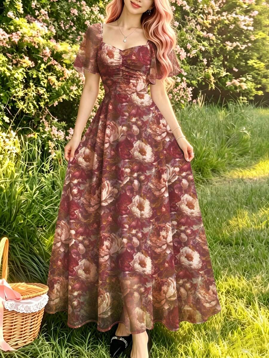 Modelyn 復古碎花女款長洋裝,時尚方領飄逸袖設計,夏季收腰優雅碎花雪紡長裙,碎花圖案紅棕色雪紡洋裝,適合夏季度假與日常穿著 - 彩色 - 查看 1