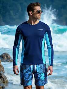 ZELFYO Men's Contrast Color Patchwork Rash Guard Top And Floral Print Swim Trunks Swimsuit Set, Holiday - Royal Blue - View 3