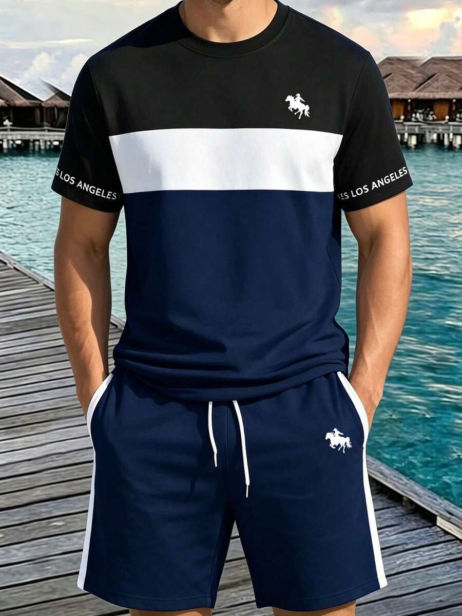 NEOREFINED Bộ áo thun ngắn tay và quần short nam in họa tiết Los Angeles cổ điển, phong cách thường ngày và thời trang, thích hợp cho mùa hè. - Nhiều màu - Xem 1