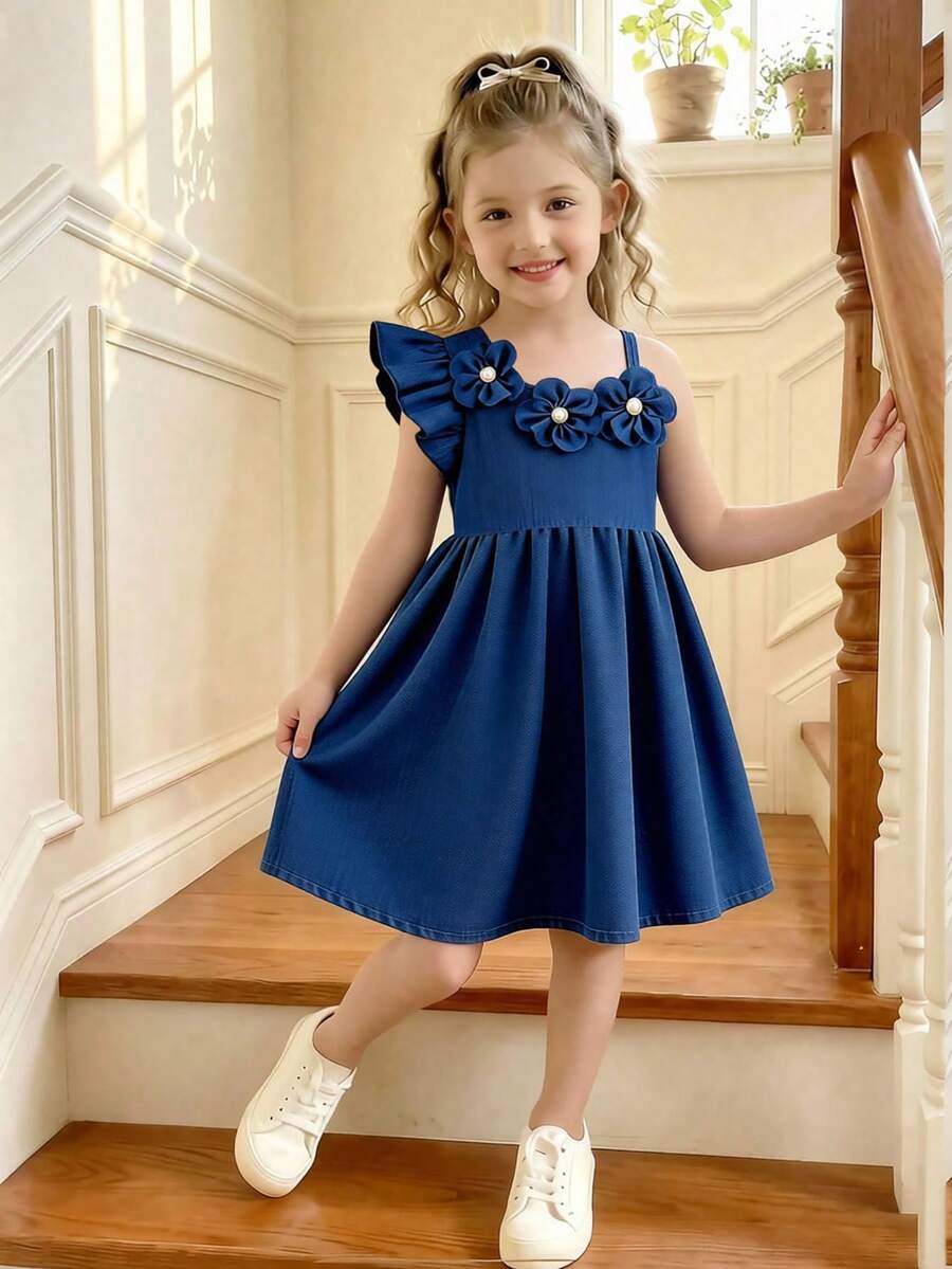 Elladie kids 女童蓝色连衣裙，饰有3D珍珠，收腰A字裙，适合生日派对和夏季穿着