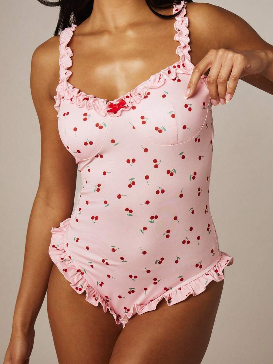 MISSGUIDED Cherry Print Ruffle Trim Sweetheart Neckline Bodysuit With Adjustable Straps Valentine Summer Lingerie - Pink - View 1