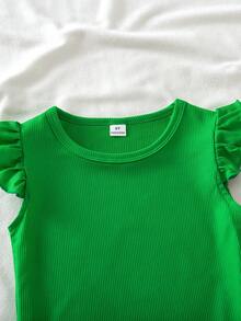 SHEIN Elladie kids 2件套女童绿色针织圆领短袖上衣搭配蝴蝶结装饰短裤套装，适合日常外出和玩耍，适合4-7岁女孩，春夏款。 - 綠色 - 查看 6