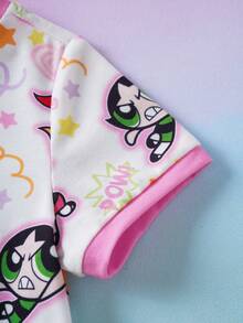 THE POWERPUFF GIRLS X SHEIN Bộ áo liền quần tay ngắn in hình hoạt hình cho bé gái, thích hợp mặc mùa hè. - trắng - Xem 4
