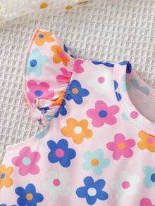 Elladie kids 3件組女童幼兒卡通花卉格紋短袖洋裝，夏季新娘生日彩虹粉仙女公主風 - 粉色 - 查看 4