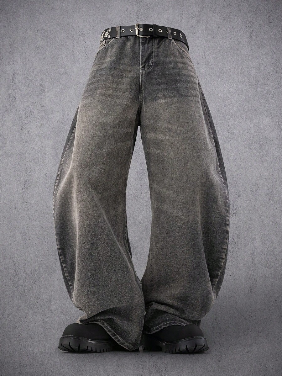 Manfinity Denimwave Y2K复古街头风男士浅蓝色做旧宽松筒状牛仔裤 - 淺灰色 - 查看 1
