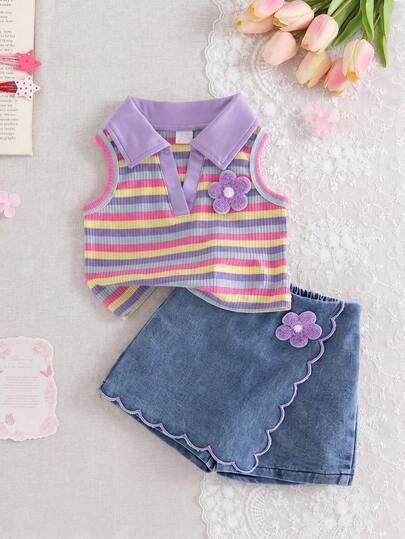SHEIN Bộ đồ đôi cho bé gái gồm áo vest không tay cổ bẻ thêu nơ màu tím cổ chữ V và chân váy/quần short màu xanh nhạt có chun co giãn thêu nơ, kiểu dáng dễ thương, thích hợp cho các chuyến đi chơi hoặc kỳ nghỉ hè.