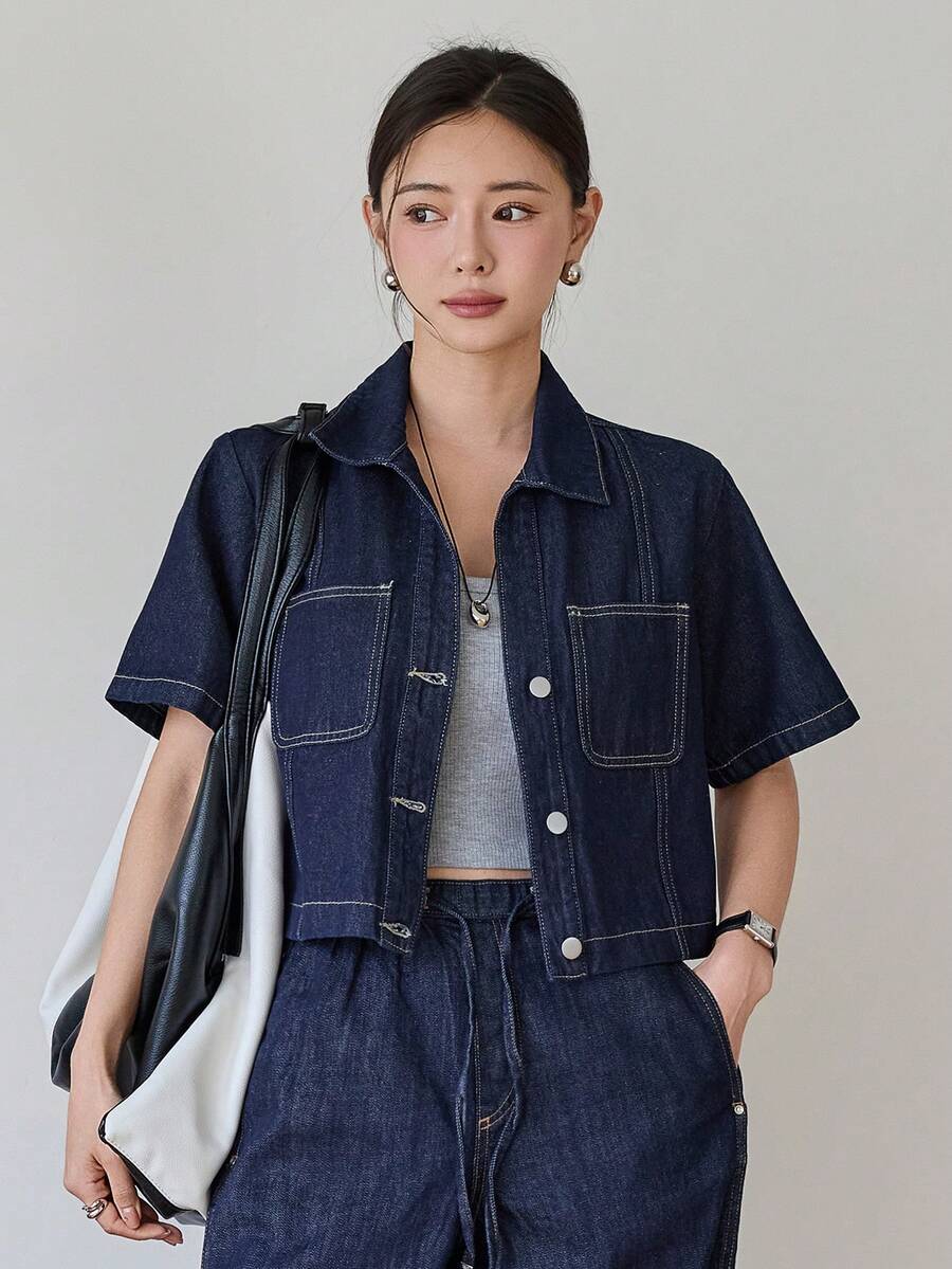 DAZY Women's Natural Color Loose Short Denim Jacket With Large Pockets, Suitable For Spring And Summer - Blue - View 1