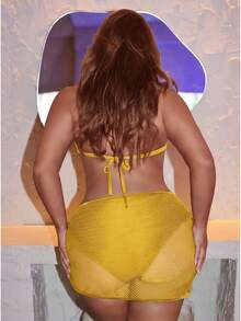 Swim SXY 新款大码女式纯色印花吊带上衣、修身三角泳裤和修身半身裙三件套泳装，度假休闲款 - 黃色 - 查看 2
