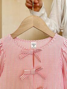 SHEIN LMoss Kids Áo sơ mi dệt sọc tay phồng dáng rộng thoải mái cho bé gái - Màu Hồng baby - Xem 6