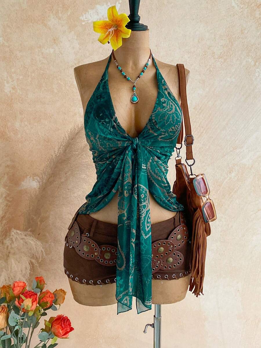 Soleia Women's Vacation Cashew Print Knot Front Halter Neck Camisole - Multicolor - View 1