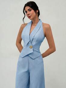 Firerie Women's Light Blue Asymmetrical Collar Sleeveless Blazer Vest, Metal Button Cinched Waist Vest, Elegant British Style Summer Tropical Cocktail - Blue - View 6