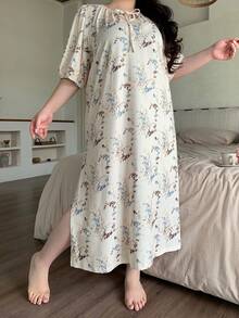 Dazy Plus Plus Size Women's Floral Print Ruched Tie Neck Lantern Sleeve Long Loose Nightgown, Spring/Summer Pajamas - Beige - View 4