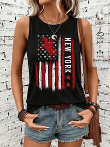 SHEIN LUNE Áo tank top đen in hình cờ và ngựa, chất liệu 95% cotton, đa năng. - màu đen - Xem 3