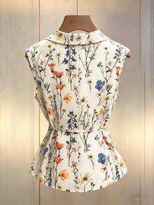 GlowEve Wild Flower Print Collared Sleeveless Wrap-Around Tie-Waist Women Shirt - Multicolor - View 2