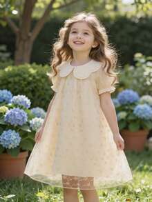 SHEIN Glamorique Kids 女童褶皱花卉刺绣图案泡泡袖连衣裙，适合生日派对、婚礼、节日等场合。 - 米色 - 查看 4