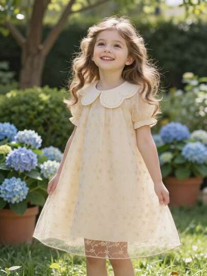 SHEIN Glamorique Kids Đầm tay phồng xếp ly thêu hoa cho bé gái, thích hợp cho tiệc sinh nhật, đám cưới, lễ hội.