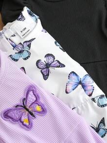 SHEIN 3件套女婴碎花荷叶袖连体衣套装，夏季休闲舒适可爱连体裤，适合户外或室内穿着的百搭服装 - 彩色 - 查看 6