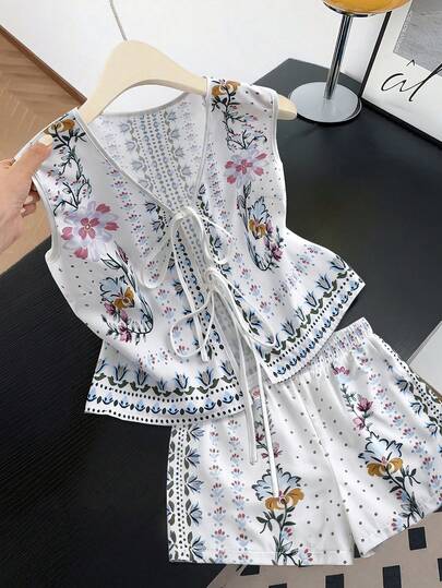 GlowEve Women's Printed Tie-Up Sleeveless 2 Pieces Set, Spring/Summer