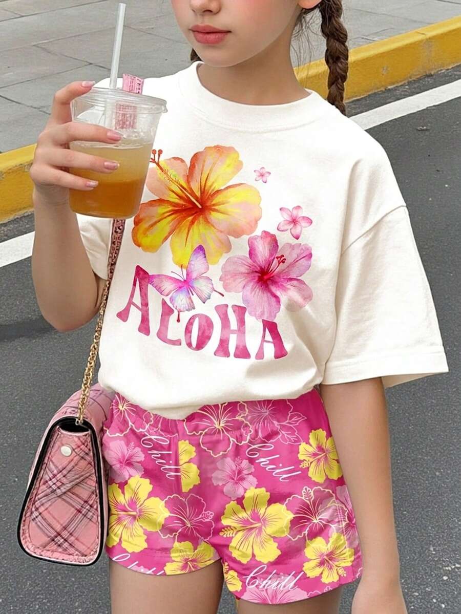 少女亮粉色时尚休闲热带芙蓉花印花套装，夏威夷度假风，少女宽松圆领短袖T恤和短裤两件套，适合春夏日常、外出、度假、校园、户外活动等场合，舒适百搭，时尚少女套装，休闲服饰，儿童热带花卉图案T恤套装，春夏套装，女孩套装，新款，清爽舒适，春日气息，轻松夏日假期 - 彩色 - 查看 1