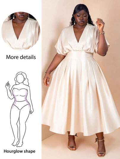 CurvyTilda Plus Size Solid Color V-Neck Ruched Waist Elegant Satin Summer Dress Wedding Guest Dress Birthday Elegant Dress Commuter Satin Champagne Dress, Valentine's Day Dress Satin Evening Gown Pleated V-Neck Satin Gown Champagne Elegant Dress Long Formal Dress, For Hourglass Body Shape