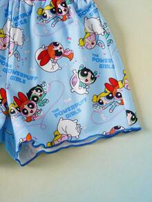 THE POWERPUFF GIRLS X SHEIN 女童字母卡通印花吊带背心和短裤休闲家居服套装 - 淺藍色 - 查看 5