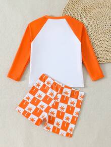 SHEIN 2pcs/Set Young Boys' Casual Swimwear, Striped Swim Trunks + Solid Color Rash Guard, Suitable For Swimming, Beach Vacation - Orange - View 2