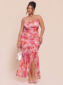 SHEIN BAE Plus Size Women's Pink Floral Floral Elegant Cami Dress,Summer Ruffle Long Party Vacation Dresses,Wedding Guest,Birthday,Graduation Ceremony Outfits - Pink - View 4