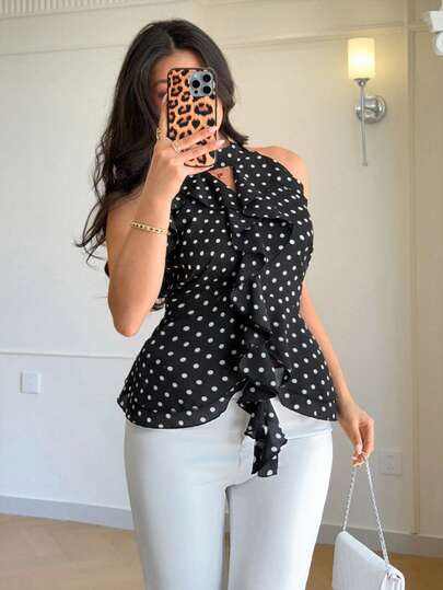 Auralis Vintage Polka Dot Bohemian Ruffle Trim Tie-Neck Loose Flounce Hem Plus Size Women Vest/Loose Halter Top/Black Polka Dot/Elegant Office Wear/Mermaid Style High-End Party Top/Personalized Modern Elegant Y2K Bar KTV Outfit/Music Festival/Concert/Loose-Fitting Halter Neck Top With Cinched Waist And Ruffled Hem In Plus Size / Black And White Polka Dots / Classic / Flowy / Double Layered Hem