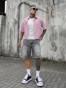 Artur Kramer Pantalones cortos de mezclilla con bolsillos, borde deshilachado y rasgados, de moda para hombres - Gris Claro - Ver 1