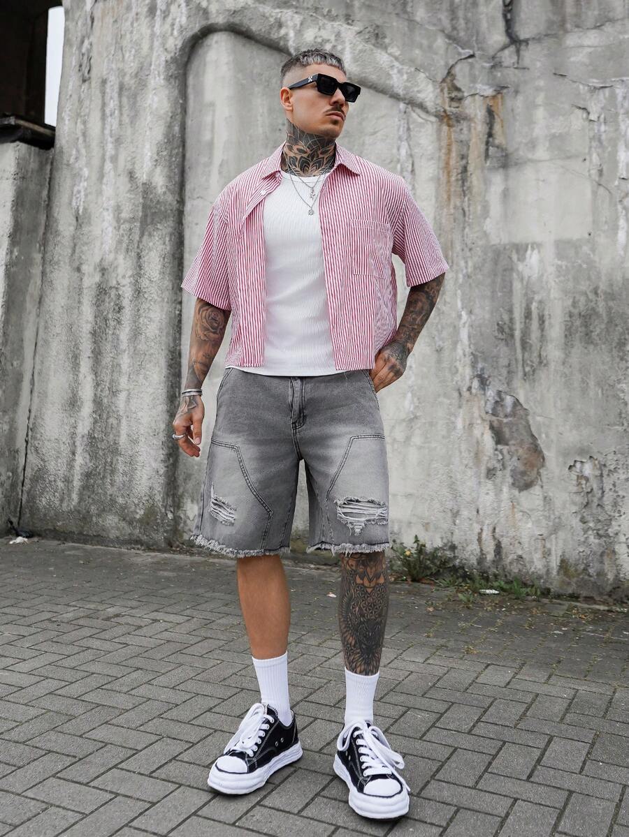 Artur Kramer Pantalones cortos de mezclilla con bolsillos, borde deshilachado y rasgados, de moda para hombres - Gris Claro - Ver 1
