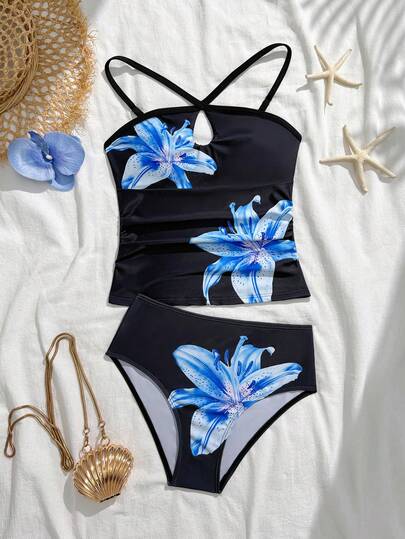 Tween Girls Tankini Swimsuit, Black Base With Large Blue Lily Print, Criss-Cross Strap Design, High-Waisted Triangle Cut, 2-Piece Set, Knit Fabric, Elegant, Fashionable, Casual, Refined, Graceful, Suitable For Swimming, Summer Vacation, Beach, Pool, Party, Leisure Holiday